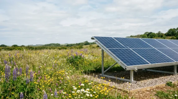 a bold, clean composition of solar panels set against a background of wildflowers and tall grasses. the layout allows for strong negative space on one side for potential
