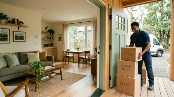 a wide shot of a welcoming living room in a newly built accessory dwelling unit, featuring a 25-year-old black male mover stacking boxes at the front doorstep. the