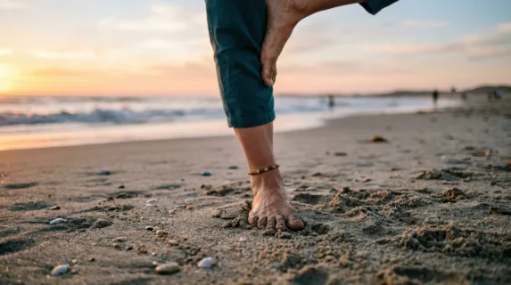 a close-up view of the instructor's foot and leg as she performs a yoga pose on the sand, showcasing the dynamics of her movement and the texture of the beach. this