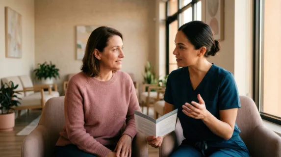 an intimate close-up of the mammography technologist attentively explaining the procedure to the patient seated in the clinic's chic area. the focus is on their facial