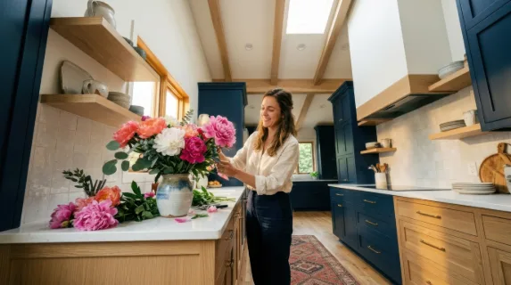 a low-angle view of the interior designer as she stands at the kitchen counter, gracefully arranging oversized peonies, with the navy cabinetry and light wood tones