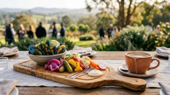 a side profile view of a vibrant picnic board showcasing an array of pickled vegetables and mussels with a steaming coffee cup nearby, all set against a blurred,