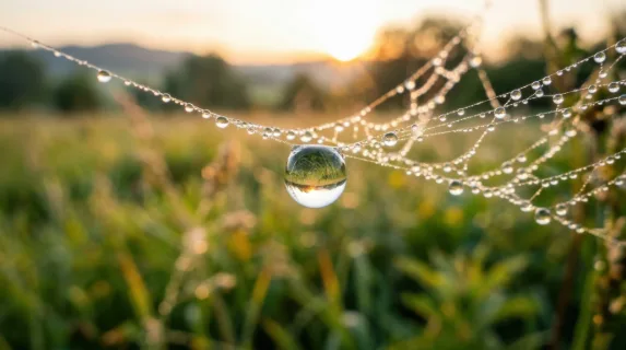 A macro photograph of a single dewdrop resting on a spider web strand at dawn, the droplet acting as a perfect convex lens refracting an entire green meadow inside its
