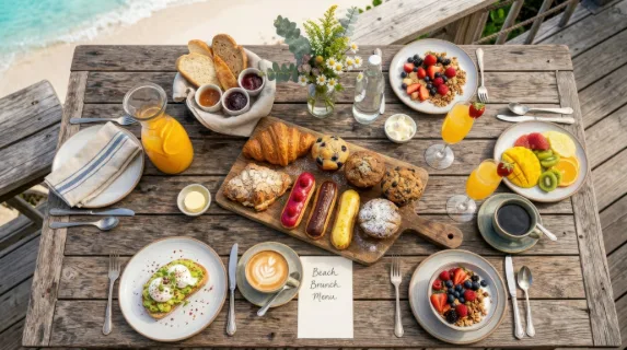 an overhead flat lay of an outdoor brunch table, set against a stunning beach backdrop, showcasing a vibrant display of colorful pastries including croissants