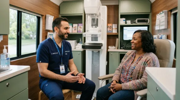 a 39-year-old middle eastern male mammography technologist is engaged in a warm conversation with a patient inside a bright and well-organized healthcare van. the