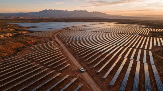 An overhead aerial view of a vast solar farm stretching across a red desert plateau at golden hour, thousands of mirrored panels arranged in perfect geometric grids