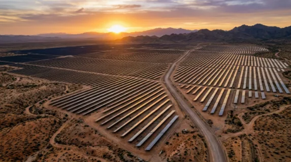 Aerial drone shot of a massive solar panel farm stretching across an arid desert landscape at sunset, thousands of photovoltaic panels arranged in perfect geometric rows