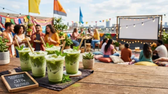 a bold commercial composition frames a rustic brown table with several iced matcha cups as the primary focus, surrounded by vibrant colors celebrating a rooftop cultural