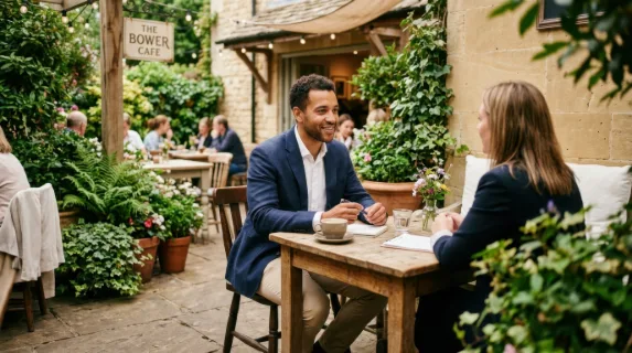 a wide shot captures a cozy cafe corner with a rustic wooden table set outdoors, showcasing a 32-year-old mixed-race male consultant engaged in a quiet meeting. the scene