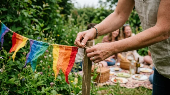focusing on the host's hands as she secures the rainbow-colored flags amidst the greenery, captured in intimate detail to highlight the texture of the flags and the