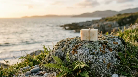 a soft, inviting composition featuring an unlabeled soap bar resting elegantly on a lichen-covered stone, surrounded by delicate fern accents. the coastal vibe is