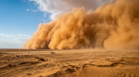 A massive sandstorm wall hundreds of meters tall rolling across a flat desert plain, the leading edge a sharp curtain of amber particles swallowing the landscape, the sky