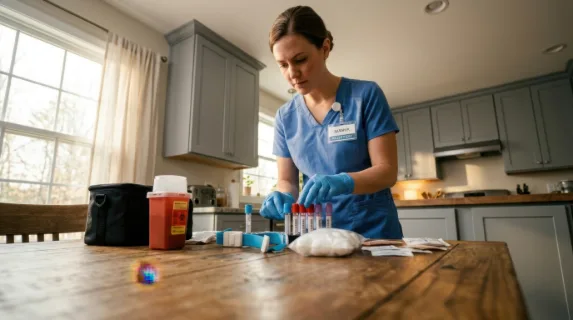 a different perspective shows the phlebotomist from a low-angle view as she stands by the kitchen table, capturing her focused demeanor while the soft gray kitchen decor