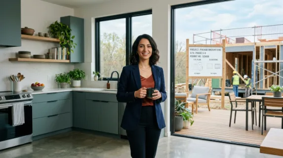 a 36-year-old middle-eastern female marketing director stands confidently in a modern kitchen that seamlessly transitions to a functional outdoor space, clean lines