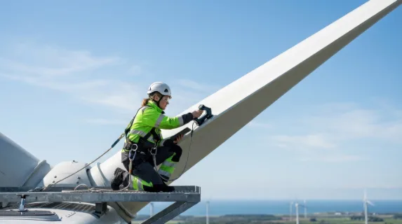an advertisement-style composition featuring the technician inspecting the wind turbine blade, set against a generous negative space emphasizing safety and