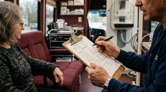 a close-up shot of the mammography technologist's hands as he carefully holds a clipboard and pen, focused on assisting a patient in the mobile medical van. the rich