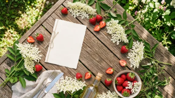 a distinct overhead angle captures the blank menu card along with elderflower blossoms and strawberries spread across the rugged wooden table. the scene showcases leading