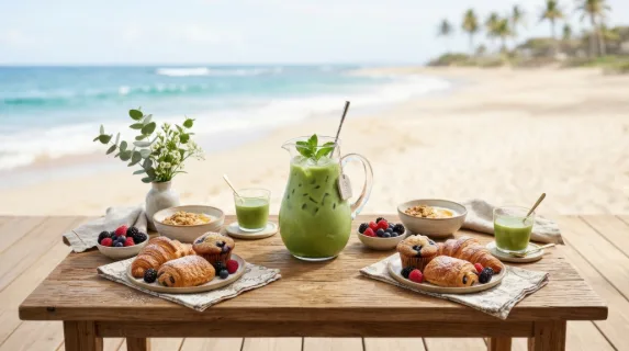 a graphic commercial composition of the brunch setup featuring a prominent pitcher of iced matcha amidst a symmetrical arrangement of pastries, set against a soft beach