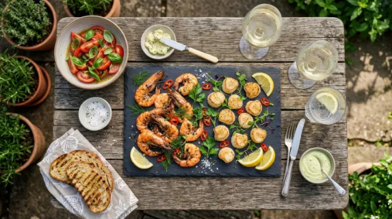 an overhead flat lay of the rustic garden table displaying colorful seafood dishes on a slate platter, featuring shrimp and scallops with vibrant garnishes, emphasizing