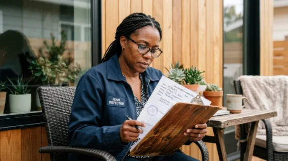 in a close-up shot, the 44-year-old black female home inspector focuses intently on the permit board while seated in a cozy rental patio. the texture of the board and