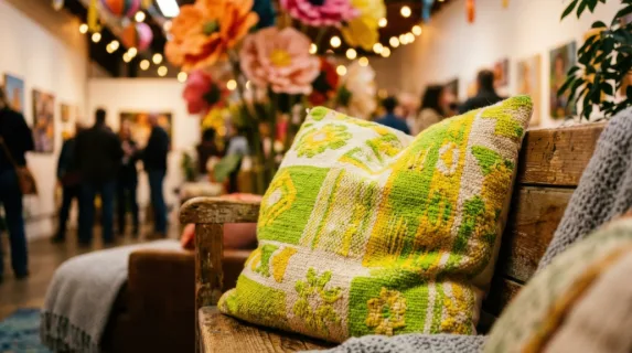 a close-up view of a plush cushion in the cozy seating area, showcasing its vibrant colors of lime and yellow, with the warm light softly illuminating the textures. the