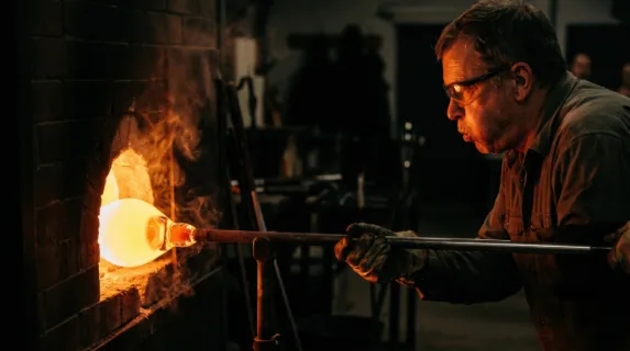 A master glassblower gathering molten glass on a blowpipe from a furnace mouth, the gather glowing from inside at 1200 degrees, the blower's cheeks inflated mid-breath,