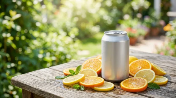 a graphic commercial shot of a blank beverage can on an outdoor table, with vibrant orange and lemon slices arranged around it to enhance freshness. the composition is