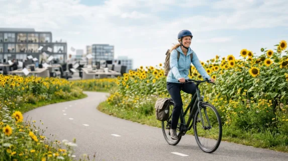 a graphic commercial shot of a 40-year-old white female commuter biking through a serene sunflower-covered street, with cool blue and crisp white tones emphasizing the