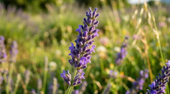 a detailed close-up of a vibrant lavender flower, showcasing its rich texture and color vibrancy, with a shallow depth of field that softly blurs the lush meadow in the