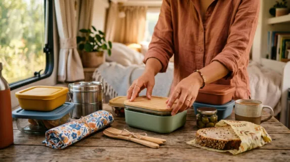 close-up on the 35-year-old asian female remote worker's hands as she arranges colorful sustainable containers and picnic items on a wooden table inside her campervan.