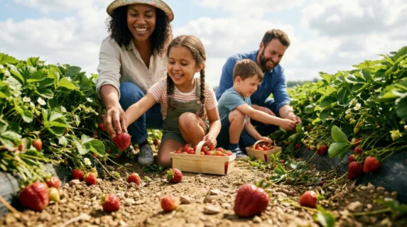 a low angle shot focusing on families happily harvesting strawberries, framed amid the sprawling green plants. the shot encompasses the rich colors and textures of the