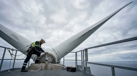 a low-angle view of the wind turbine technician atop the tower, framed against the vastness of the sky, where the turbine blades dominate the composition. the image