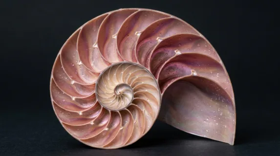 A giant nautilus shell cut precisely in half to reveal its perfect logarithmic spiral chambers, each chamber reflecting iridescent pearl tones in a gradient from cream to