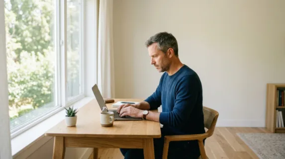 a 45-year-old caucasian male remote worker seated at a minimal home office desk, intently focused on his laptop as bright natural light streams through a nearby window