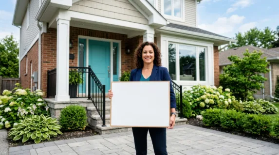 a bold composition featuring the realtor confidently holding the blank sign against the suburban house backdrop. the vibrant colors of the patio and clean lines create a