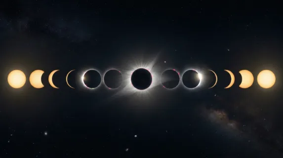 A time-lapse composite of a total solar eclipse progression spread across a single panoramic frame, the sun shown in fifteen stages from full disk to diamond ring to