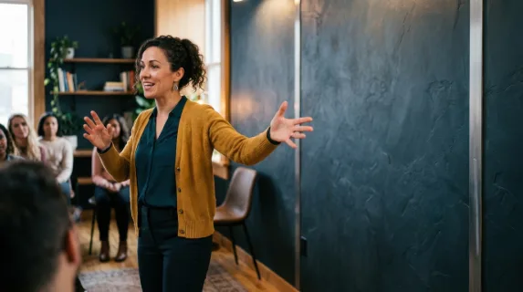 a graphic composition focusing on the teacher passionately gesturing towards the audience in the cozy room, with ample negative space on the right for text overlay. the