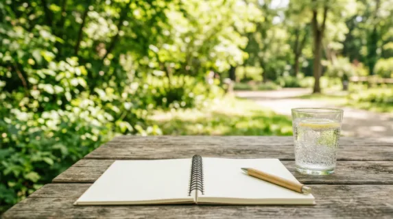 a clean commercial composition featuring an open notebook and a glass of sparkling water on a rustic park table, designed to draw attention with minimal distractions.