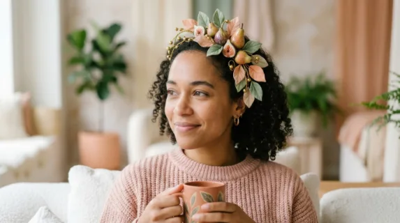 tight focus on the advocate's relaxed expression as she sits on the cloud sofa, her fruit-inspired headpiece and fashionable outfit reflecting the serene ambiance. the