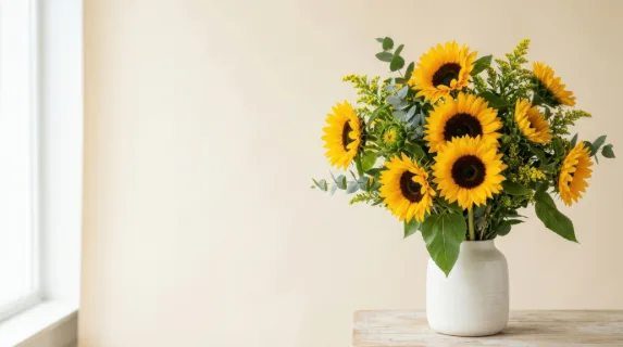 in a bold and clean commercial composition, a vibrant arrangement of sunflowers is displayed prominently with generous copy space on a soft cream backdrop. the scene is