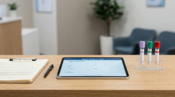 a graphic commercial composition focused on the registration tablet with the consent forms and vacutainers artfully arranged around it, emphasizing clean lines and