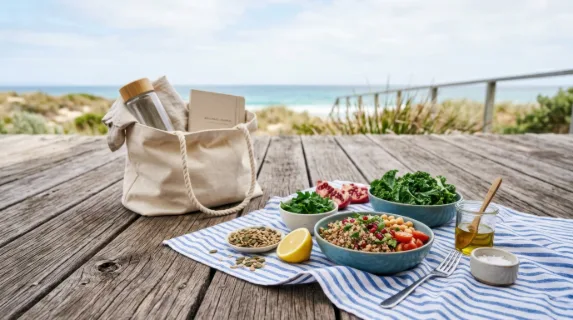a low angle shot of the gift bag partially open on the weathered wooden deck, with grain salad ingredients dramatically arranged in the foreground on a crisp blue and