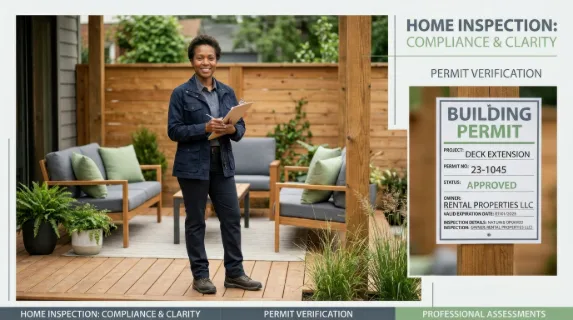 the 44-year-old black female home inspector poses thoughtfully in the inviting rental patio, emphasizing the permit board in a graphic commercial composition. with