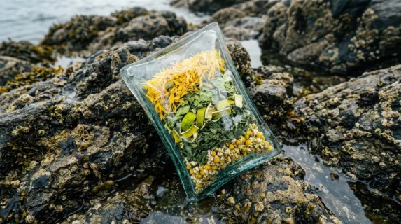 an overhead angle provides a distinct view of the sachet atop the tidal rocks, showcasing the layered arrangement of vibrant herbs and the unique texture of the glass