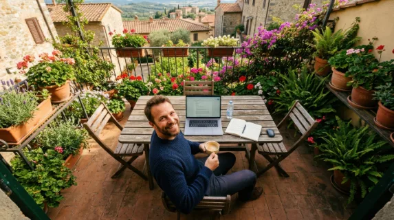 an overhead view of the remote worker on the terrace, revealing him in the bottom third, cozy and smiling with a cup of coffee. the picnic table, adorned with his laptop