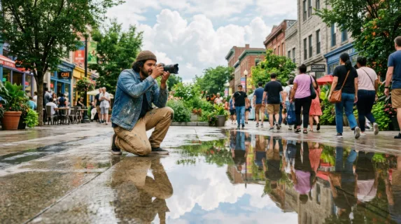 a hispanic male artist kneeling on a mirrored sidewalk, capturing reflections of passing pedestrians in a vibrant urban environment filled with greenery. the scene is