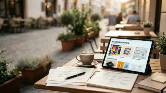 a compelling composition of the graduate's tablet displaying her portfolio, surrounded by neatly organized printed notes and a steaming cup of coffee, all set against the