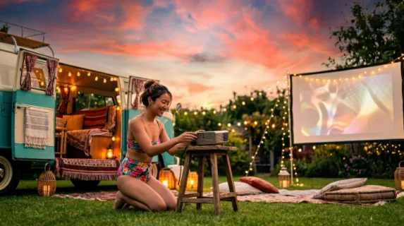 a bold, graphic composition of the backyard cinematic setup featuring the open campervan against the vibrant sunset. the asian female host is adjusting the projector in