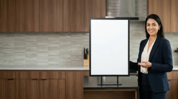 a bold, graphic composition featuring the blank sign in focus against the modern kitchen backdrop, with the 36-year-old middle-eastern female marketing director placed to