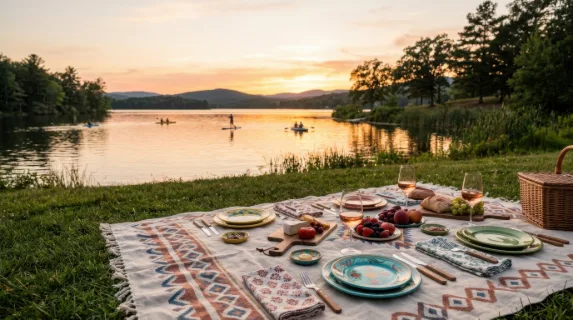 a graphic composition of an elegantly set picnic blanket with an assortment of colorful plates and utensils, featuring generous negative space for text overlay. the